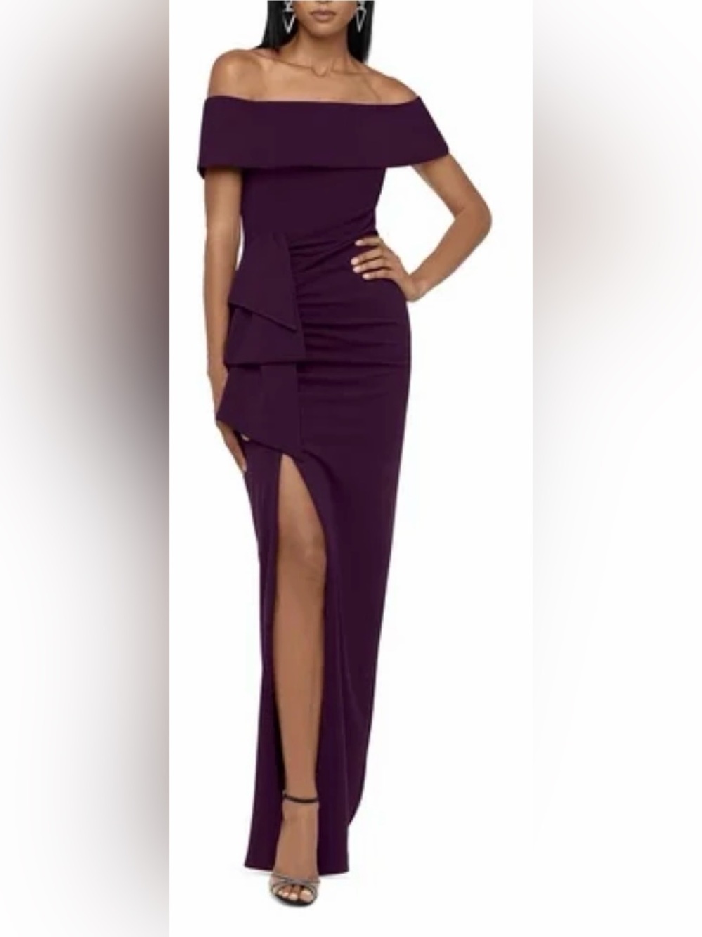 Xscape Purple Ruched Off the Shoulder Crepe Gown Size 10 NWOT